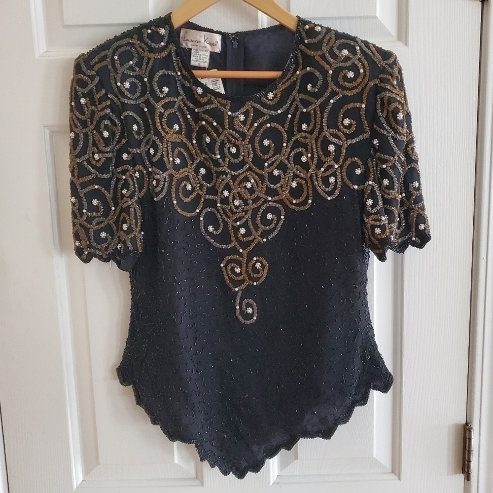 Laurence Kazar Beaded Shirt Top Silk Black Gold Sz XL